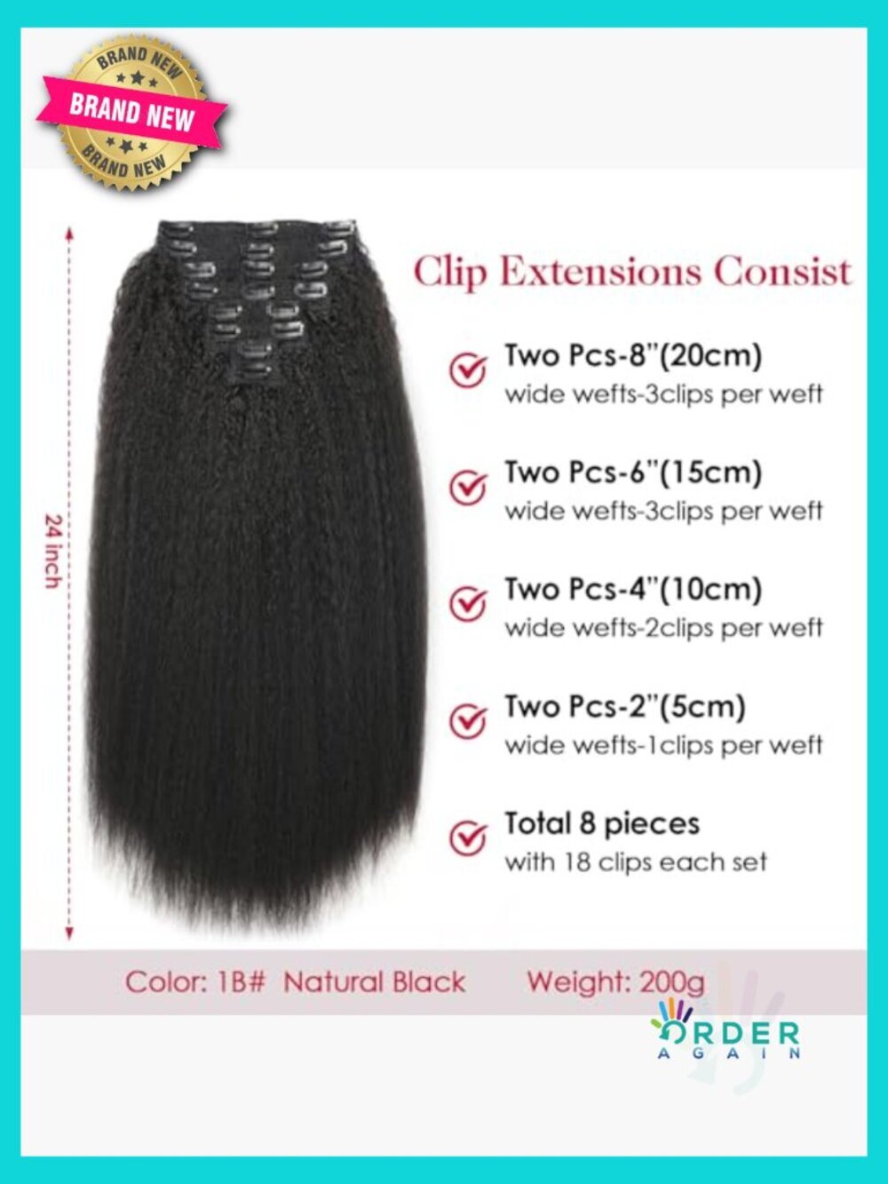Kinky Straight Clip In Hair Extensions 24 Inch 200g 8pcs Protein Fiber Full - Picture 4 of 6